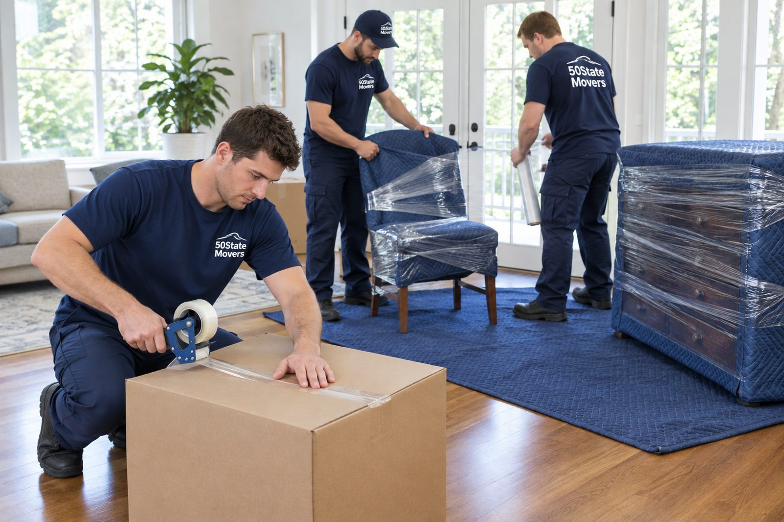 Three 50STATEMOVERS crew taping a carton, shrink-wrapping an armchair and wrapping a mattress in a living room