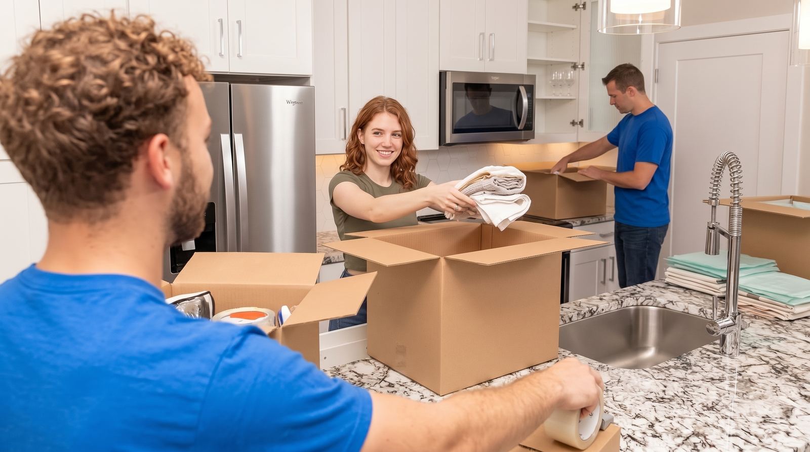 50STATEMOVERS crew packing kitchen items into moving boxes with a smiling customer