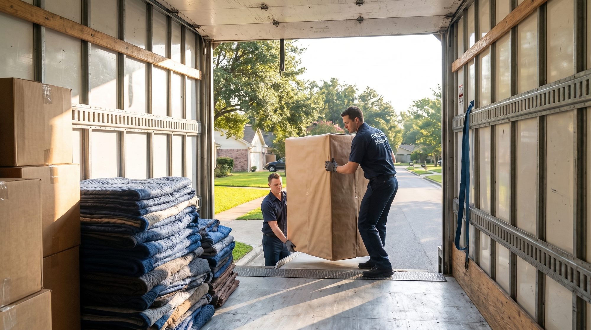 Two 50STATEMOVERS crew carrying a blanket-wrapped item up the ramp into a loaded truck, moving blankets and cartons stacked inside