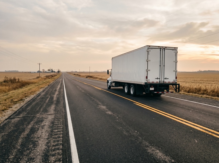 Moving truck on an open highway at sunrise