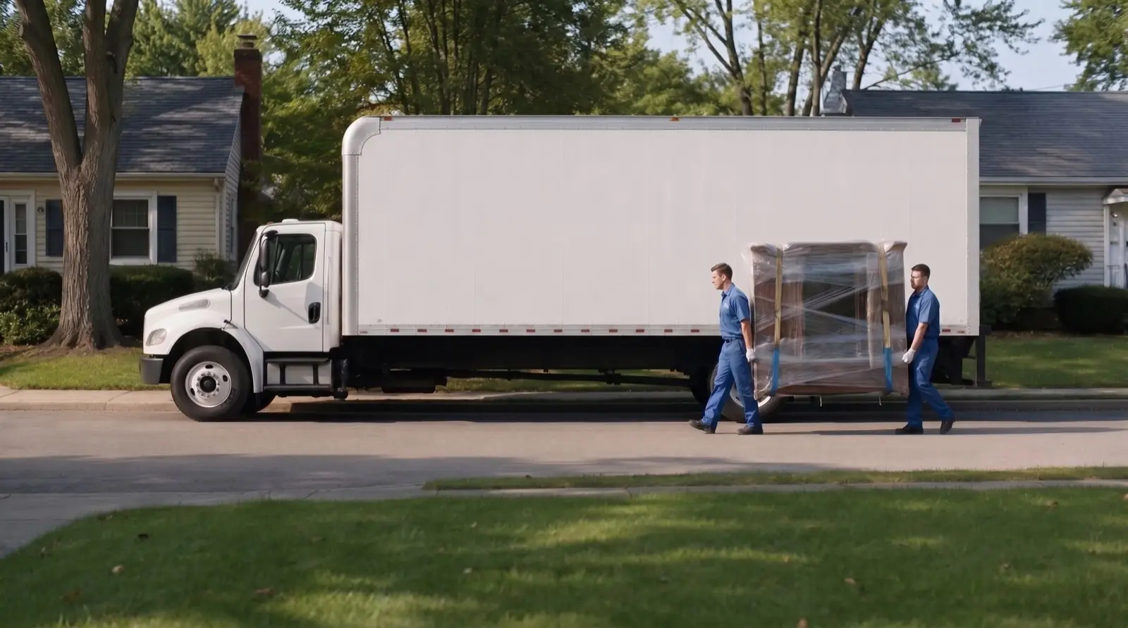 Two movers carrying wrapped furniture to a box truck